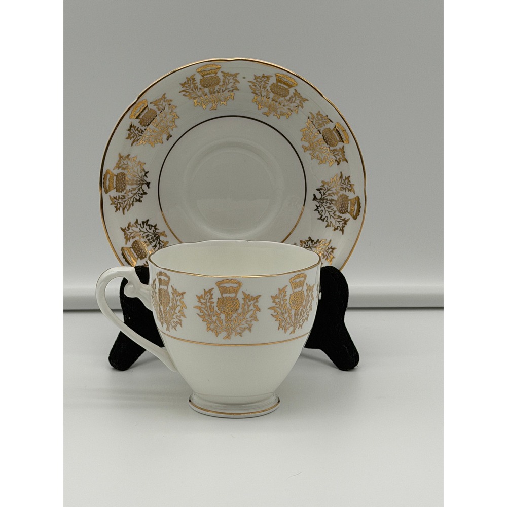 Bridge Pottery English Bone China Tea Cup Saucer Set Gold Thistle Fenton Staffs